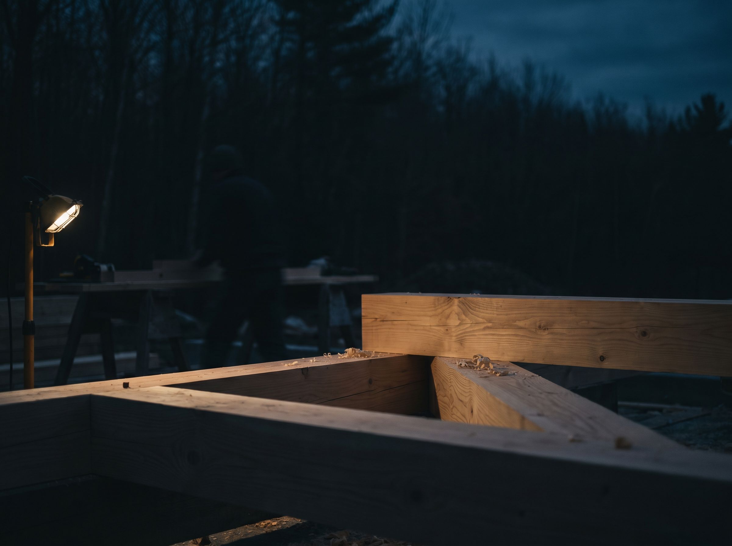 Atelier sobre, machine au repos sur établi anthracite — la sélection au calme.